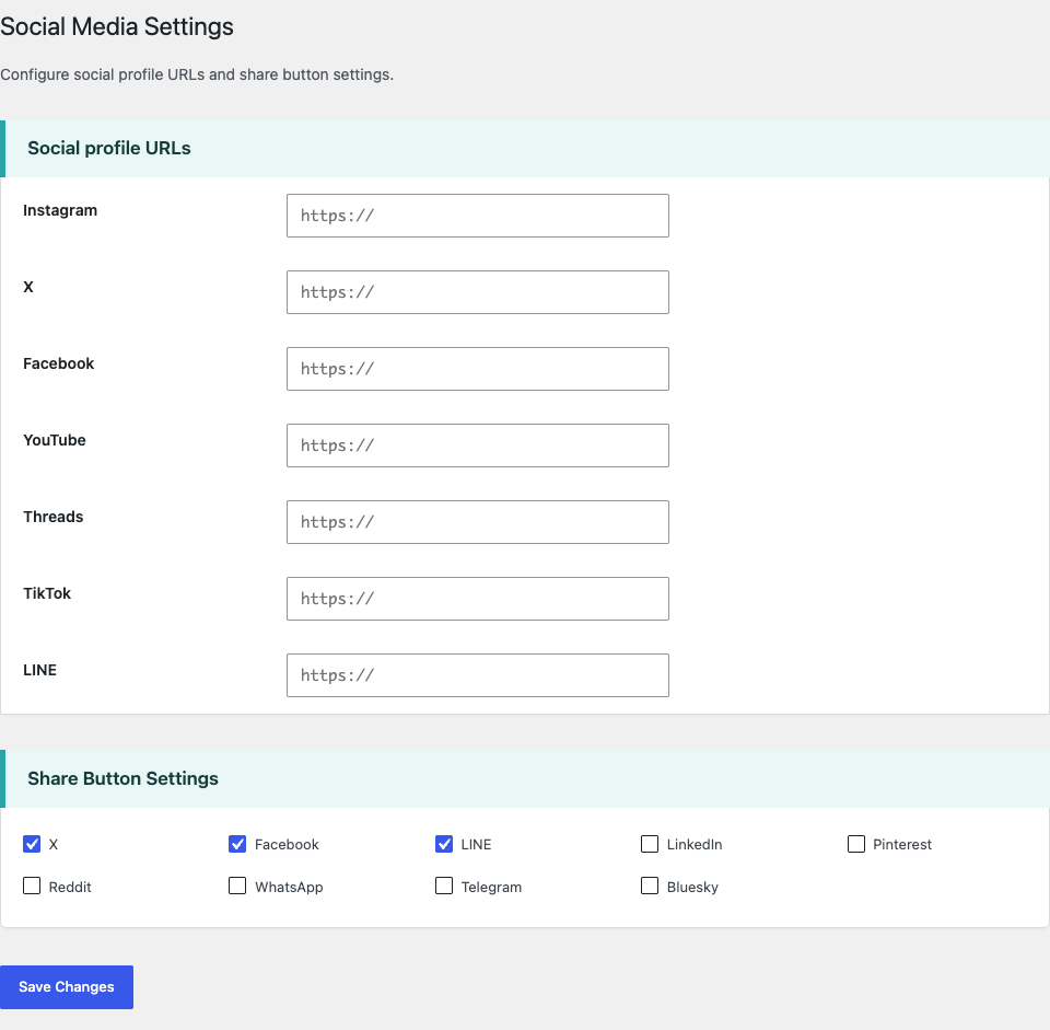 IM Base Social Media Settings screen
